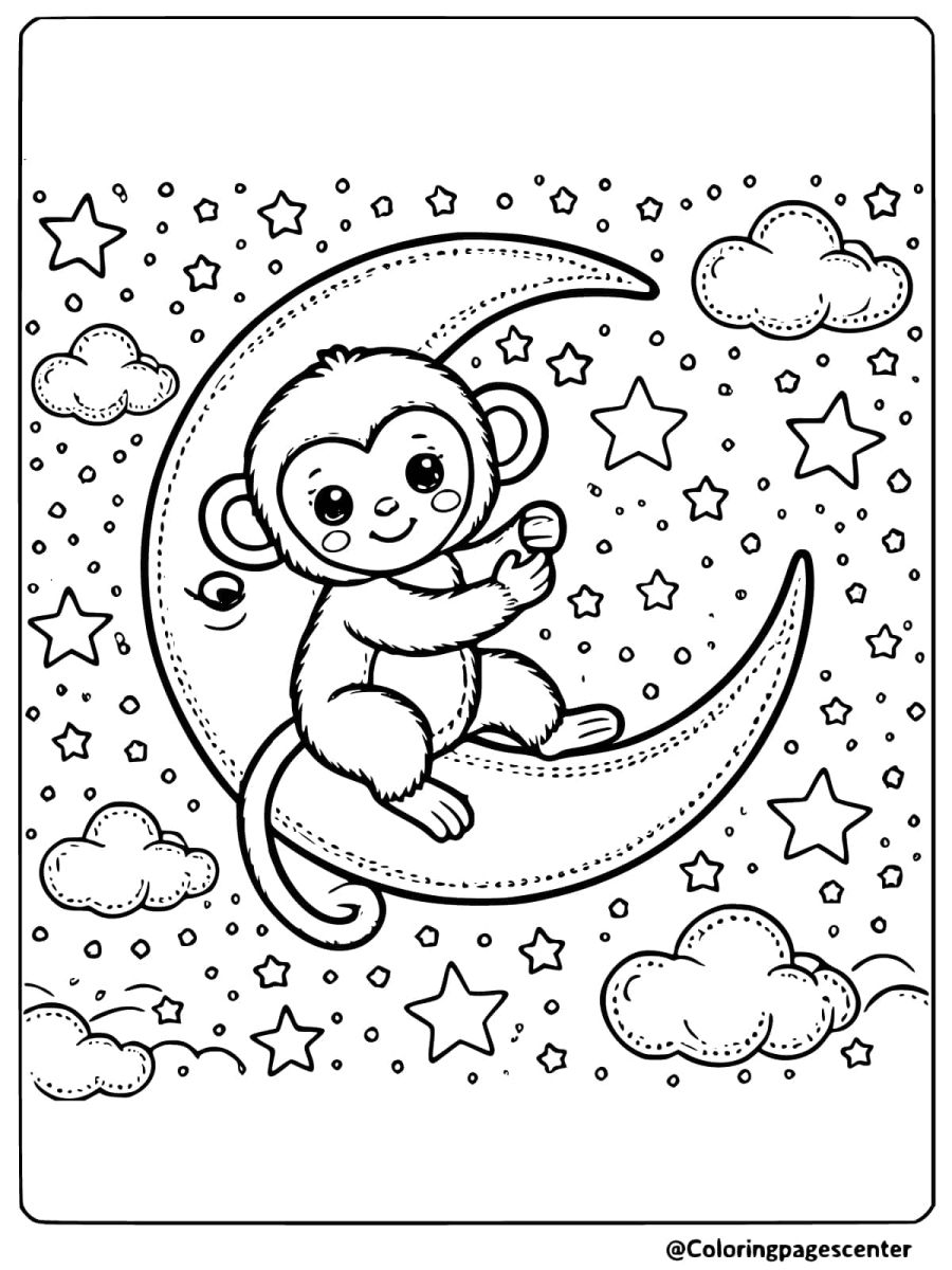 Coloring page of a cute monkey sitting on a crescent moon