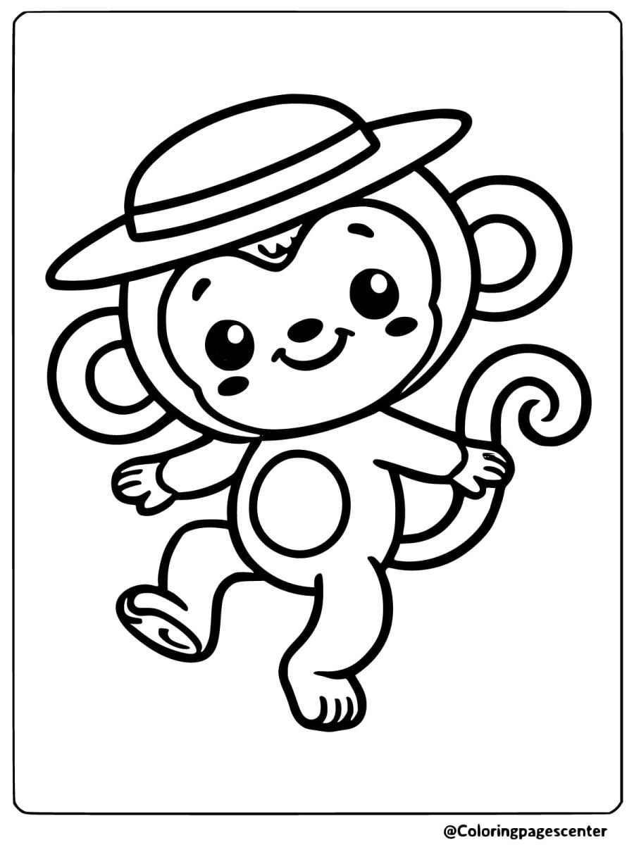 Coloring page of a cute monkey wearing a hat