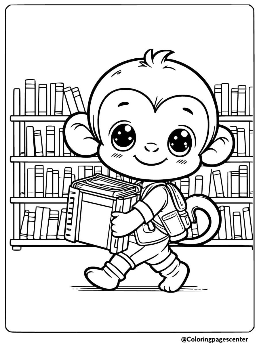 Coloring page of a cute monkey with a backpack in a library