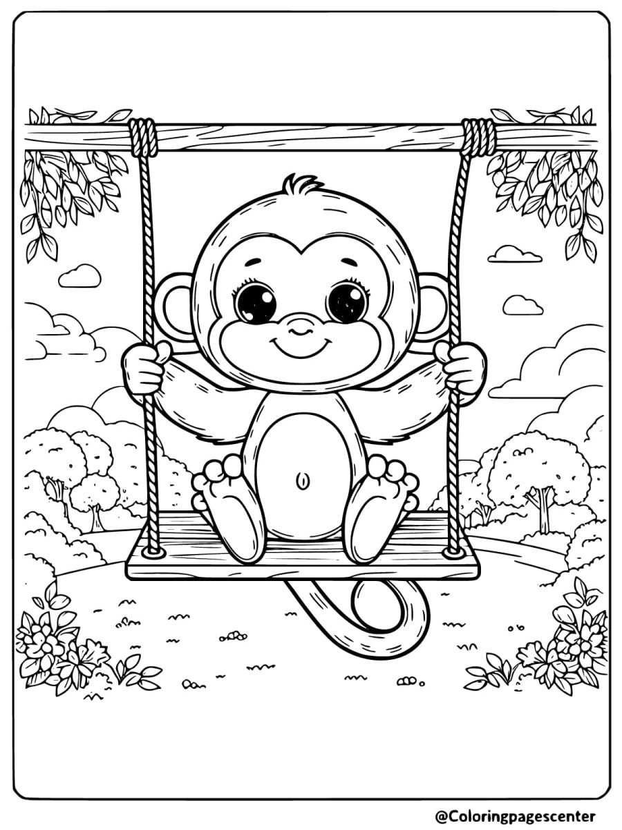 Coloring page of a happy monkey on a swing