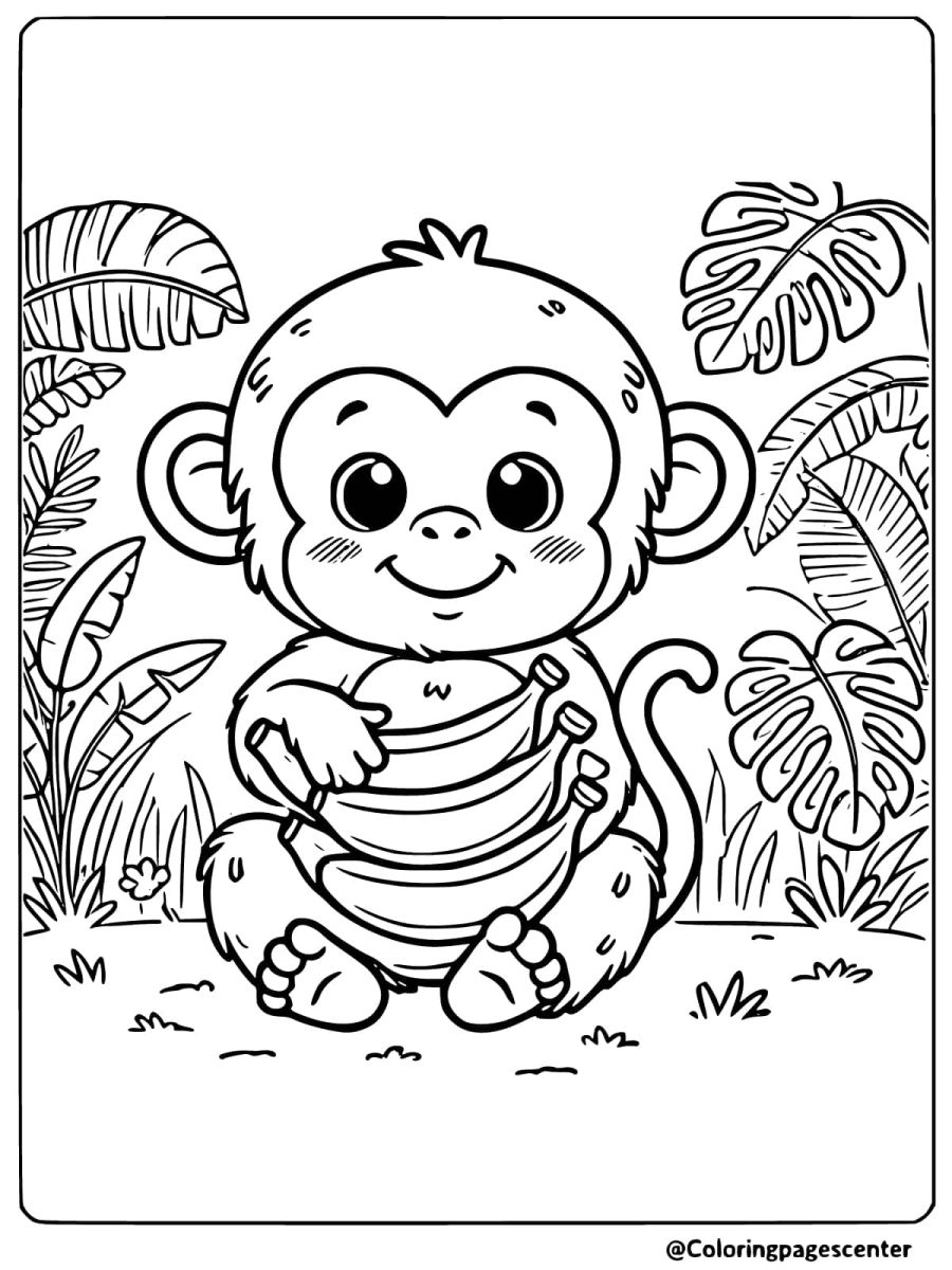 Coloring page of a happy monkey with a bunch of bananas