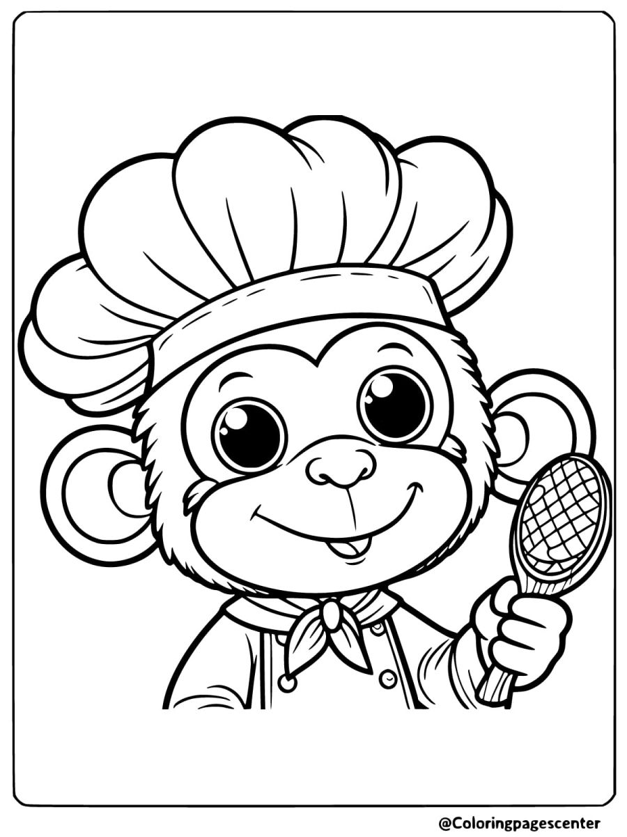 Coloring page of a monkey chef holding a cooking utensil