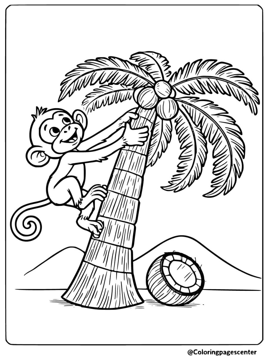 Coloring page of a monkey climbing a coconut tree