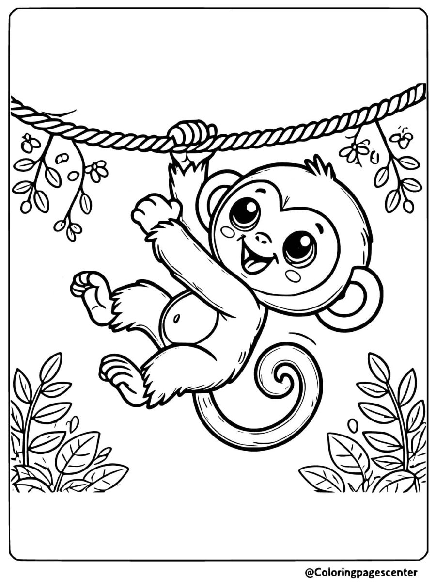 Coloring page of a monkey climbing and hanging on a rope