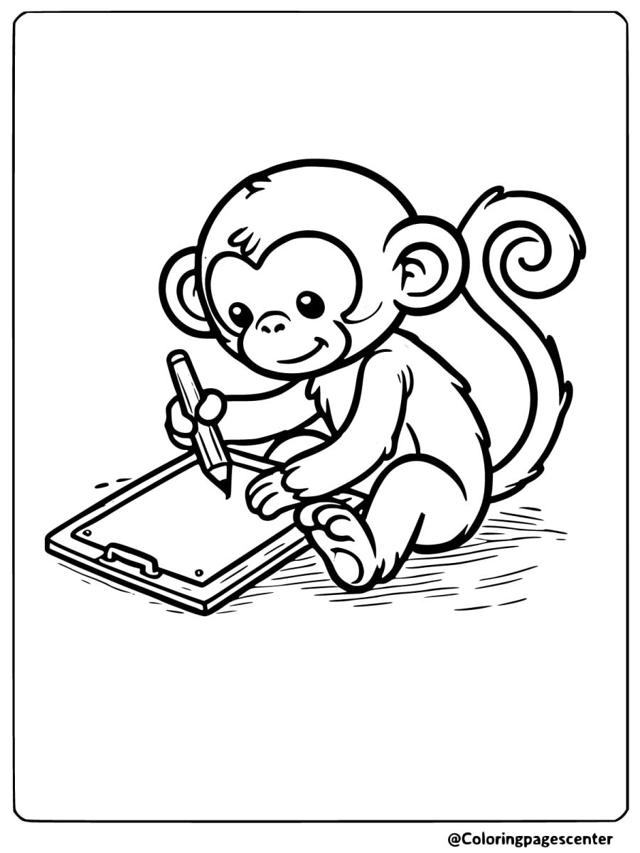 Coloring page of a monkey drawing on a tablet