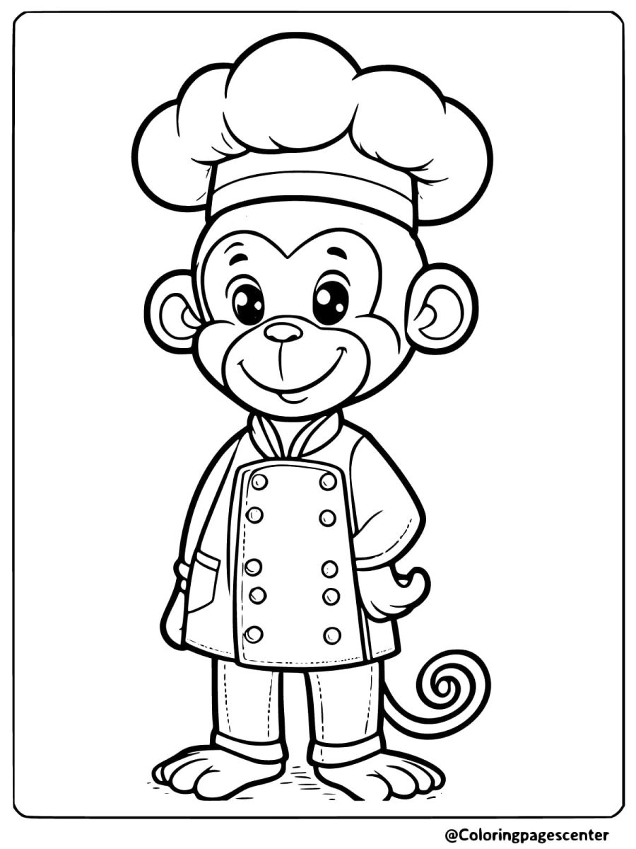 Coloring page of a monkey dressed as a chef