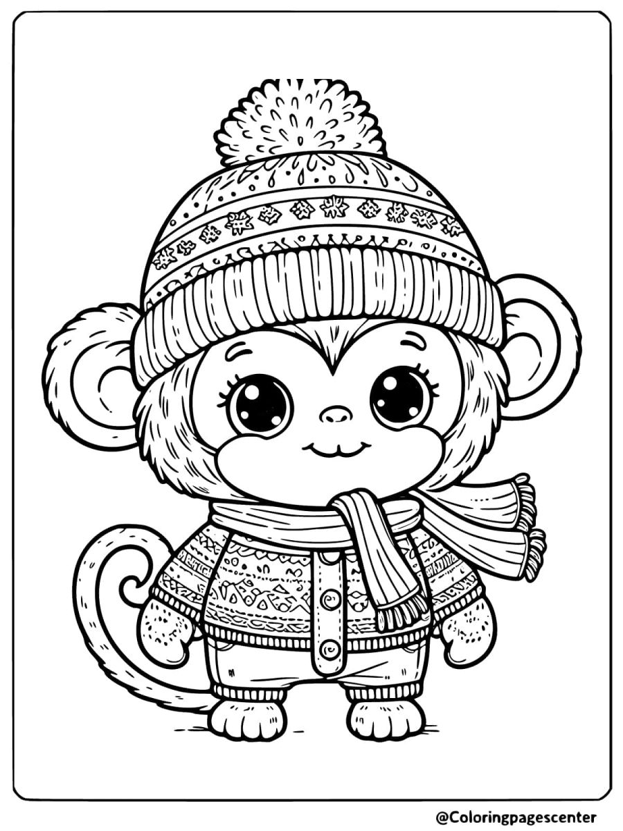 Coloring page of a monkey dressed in warm winter clothes