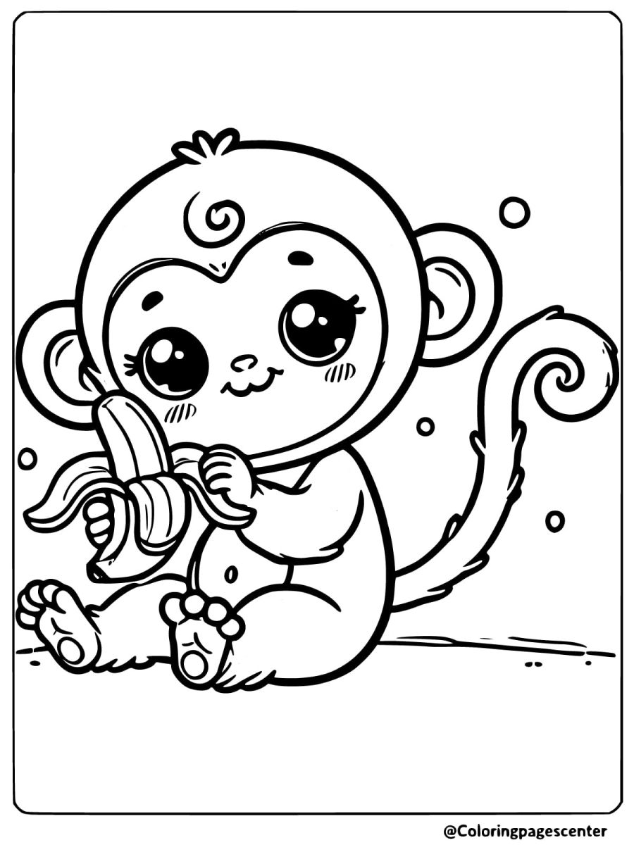 Coloring page of a monkey eating a banana