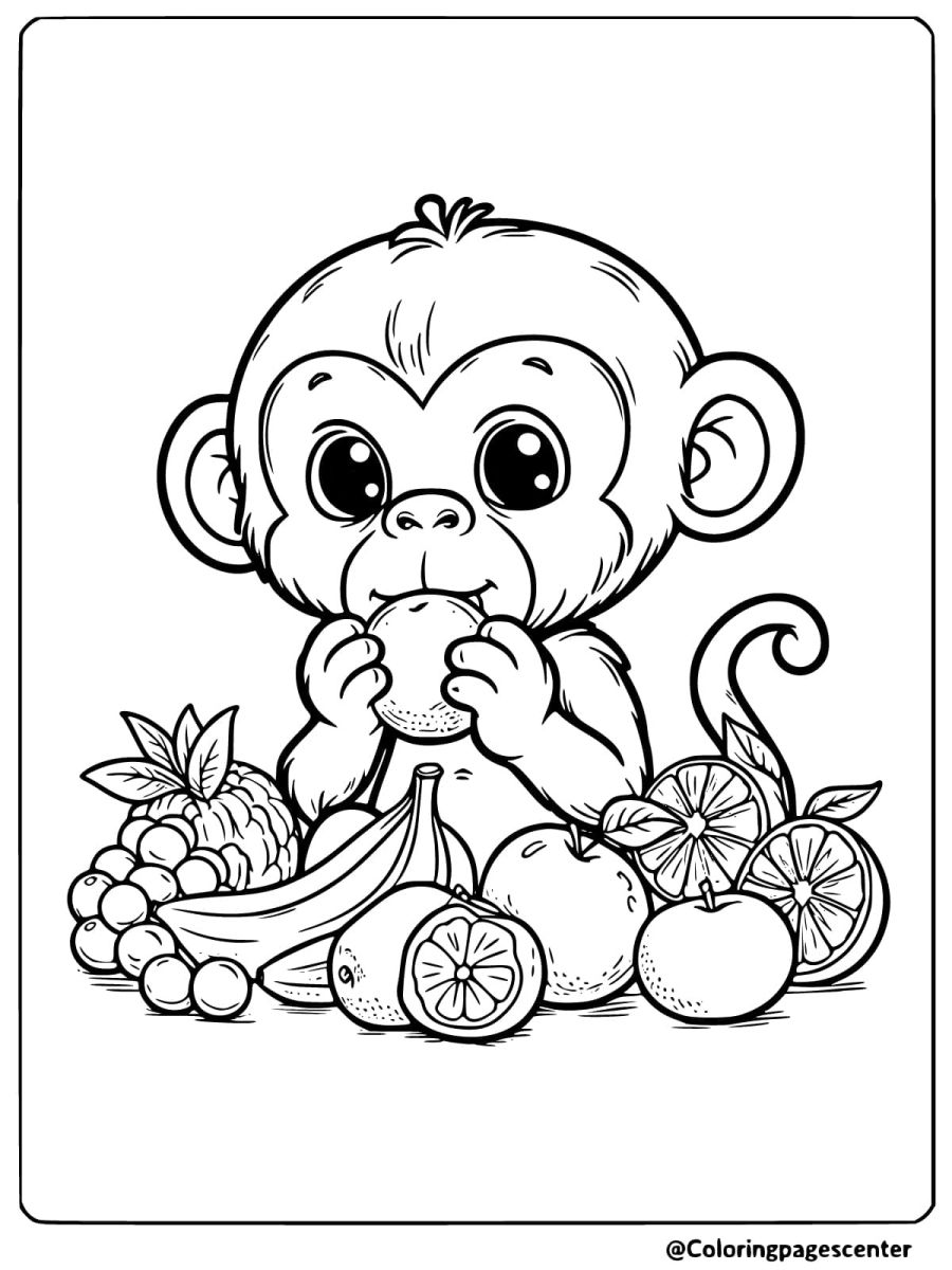 Coloring page of a monkey enjoying a variety of fruits