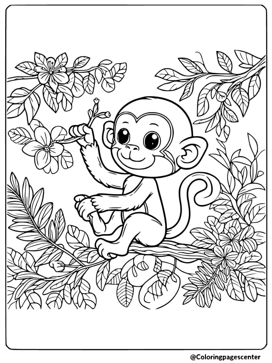 Coloring page of a monkey holding a branch with flowers