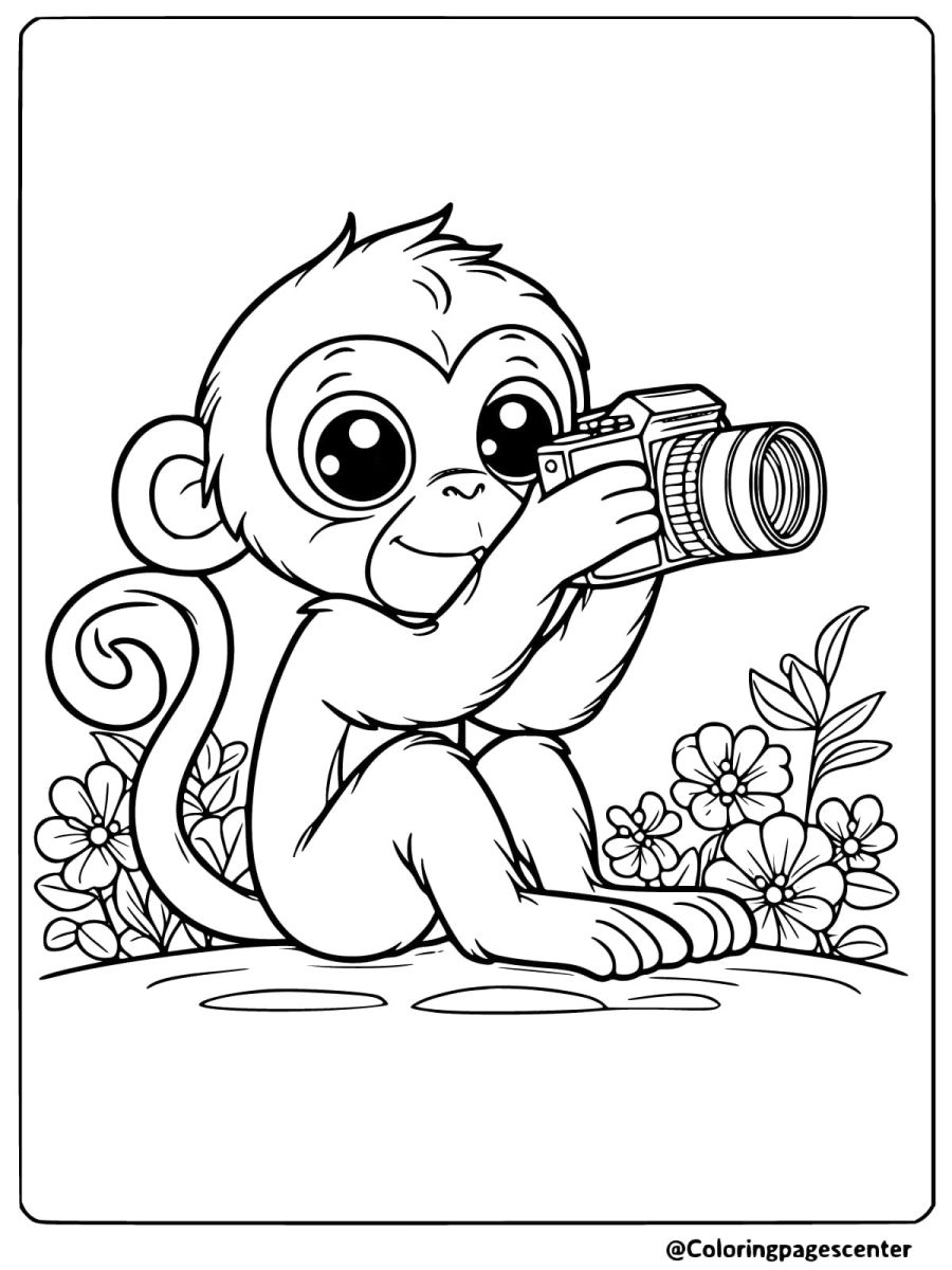 Coloring page of a monkey holding a camera