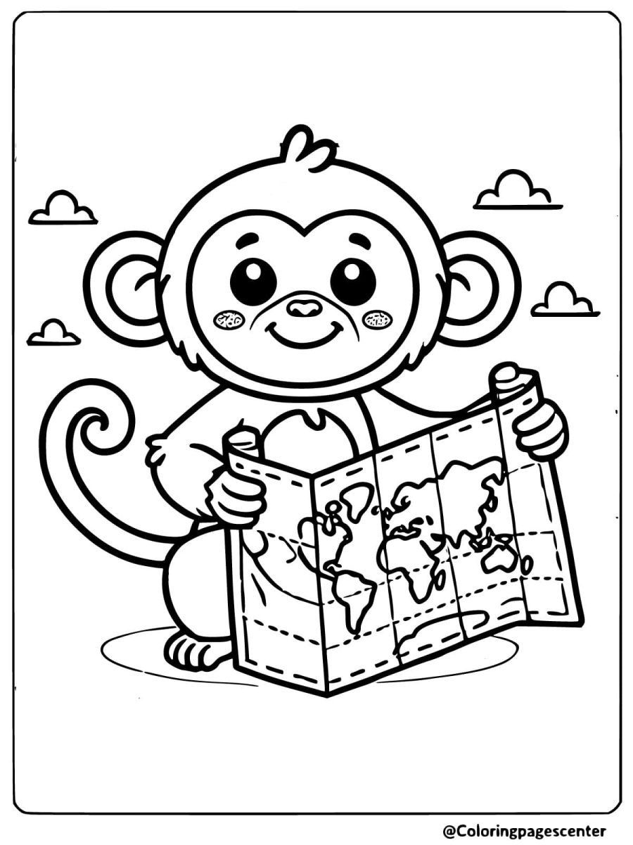 Coloring page of a monkey holding and looking at a world map