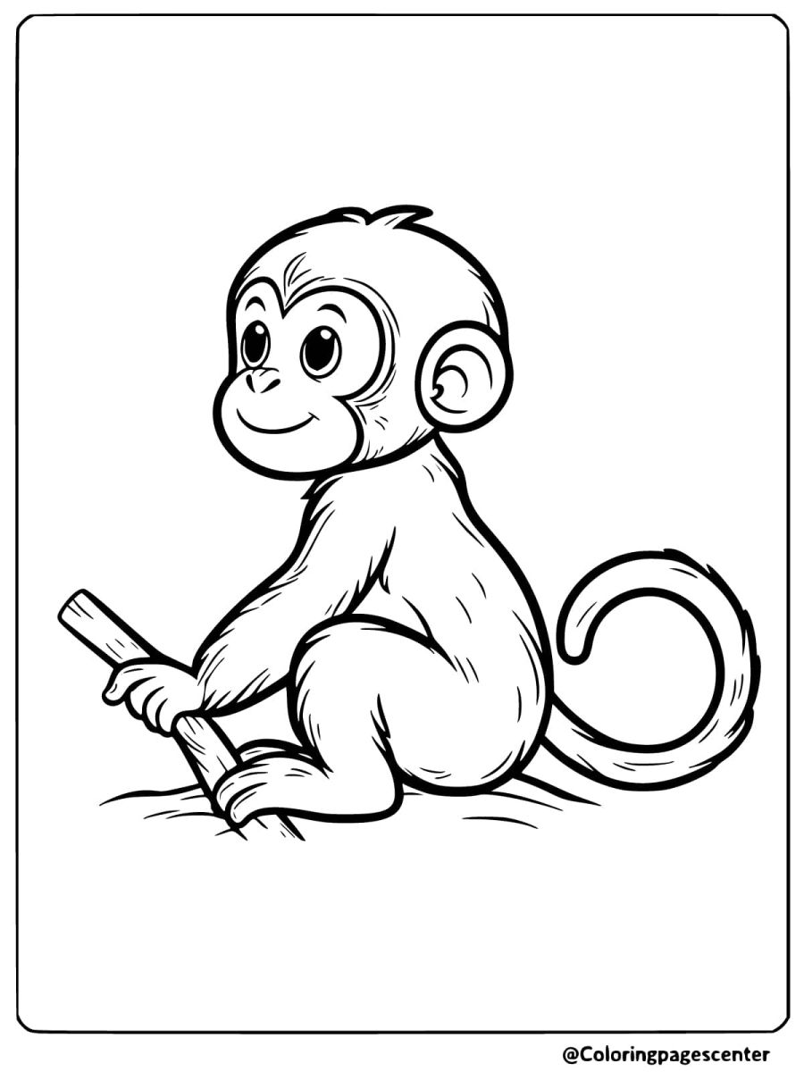 Coloring page of a monkey holding a stick and smiling