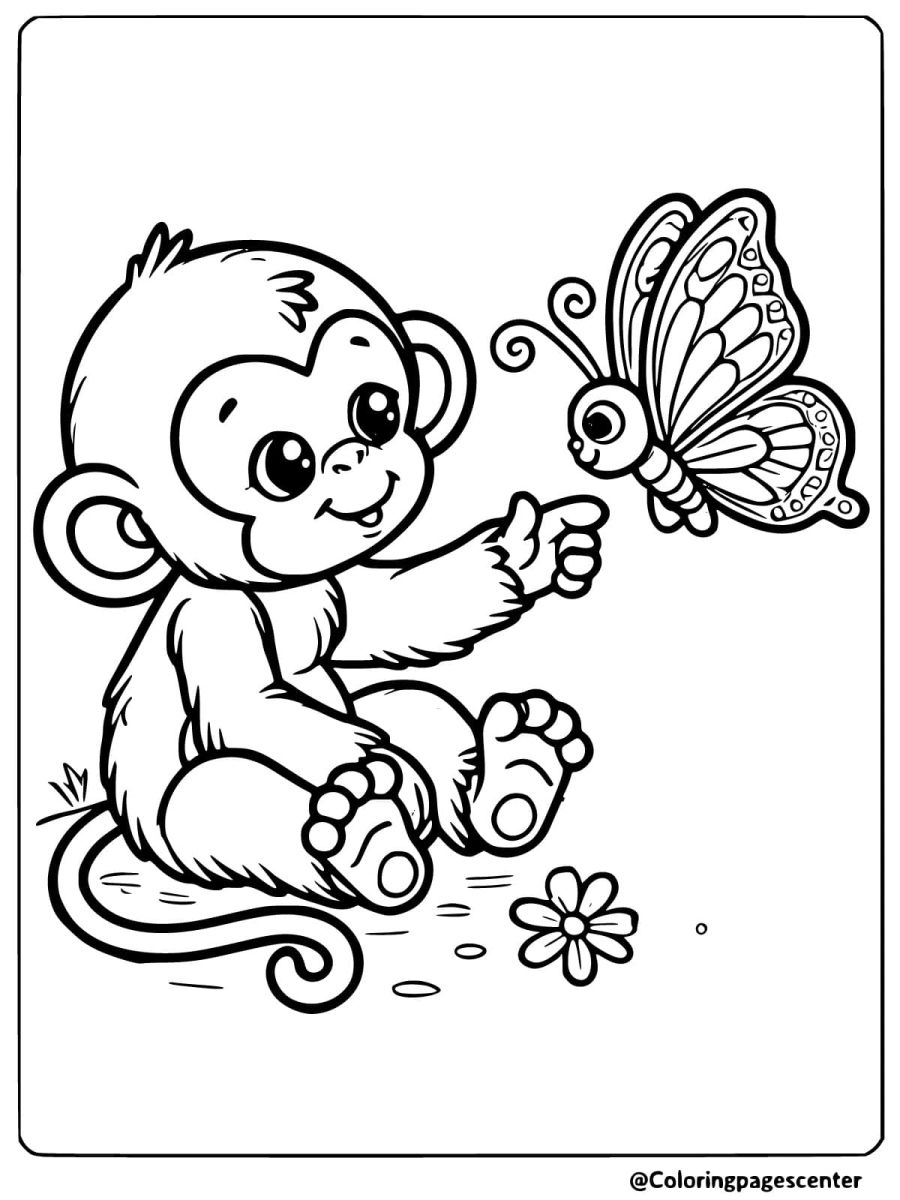 Coloring page of a monkey reaching out to touch a butterfly