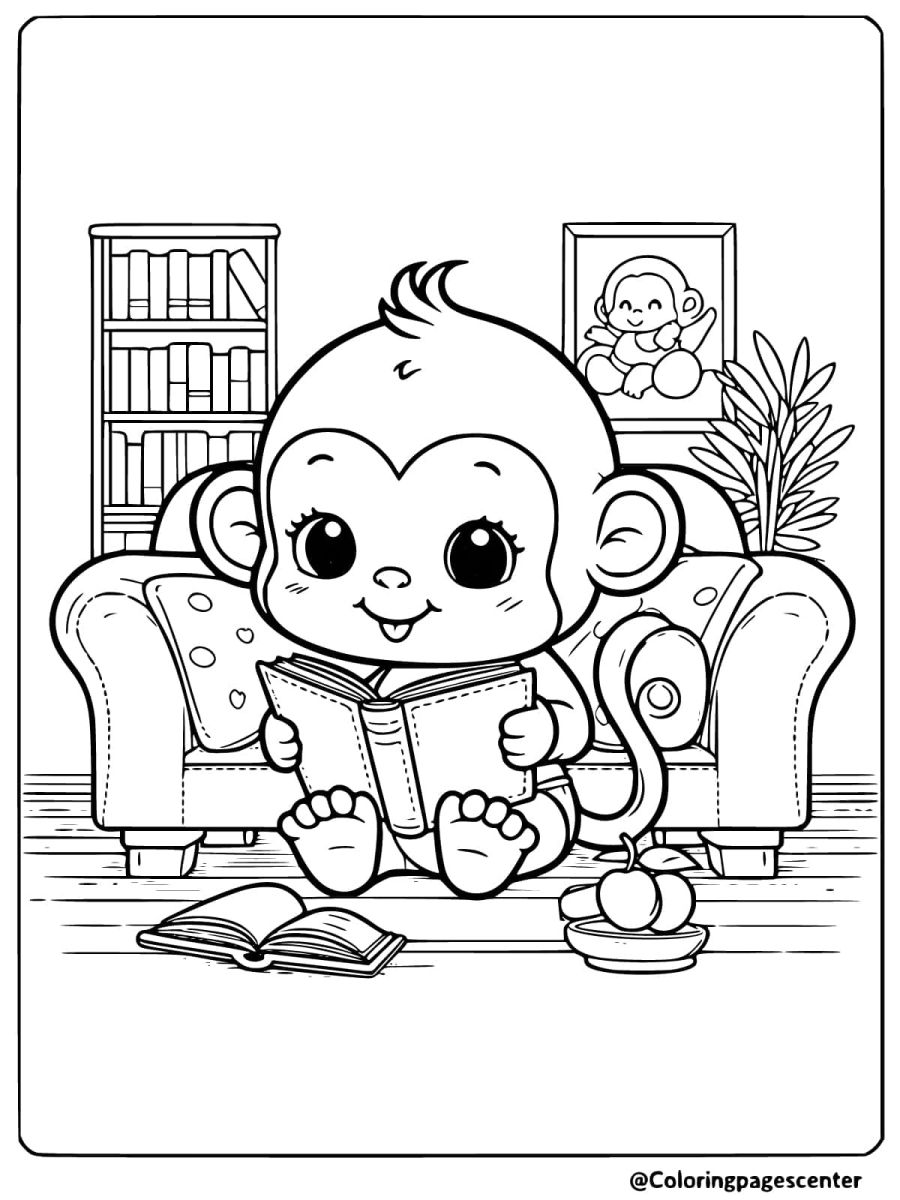 Coloring page of a monkey reading a book in a cozy room