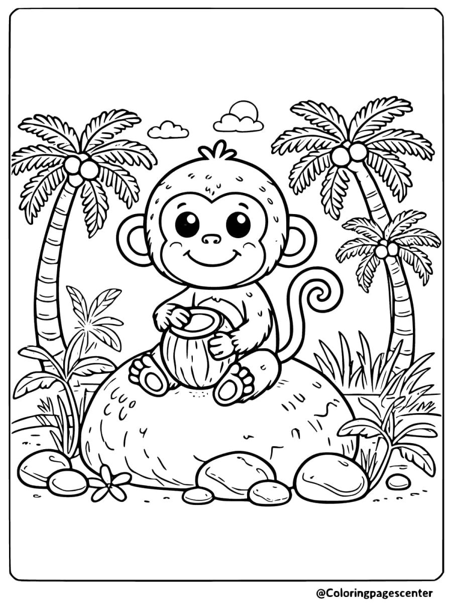 Coloring page of a monkey sitting on a rock with a coconut