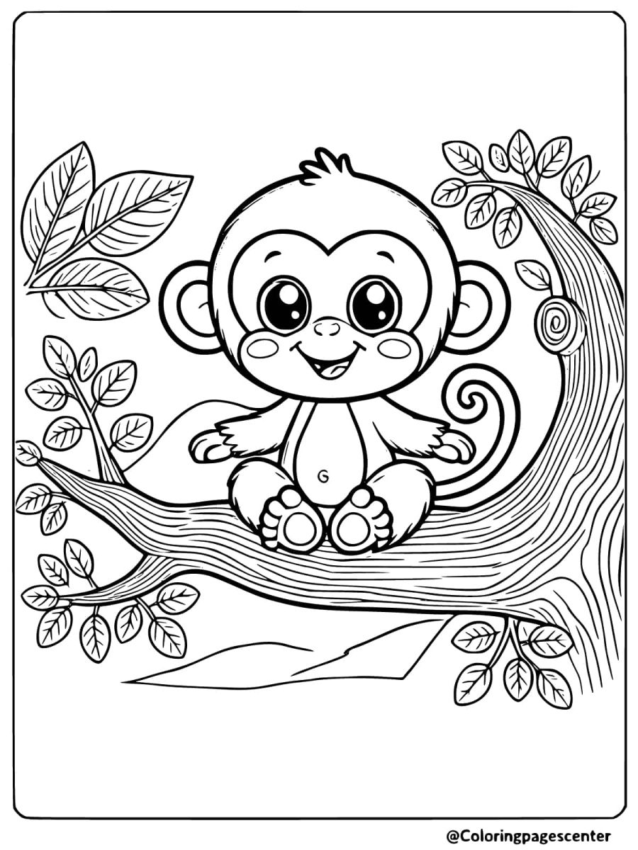 Coloring page of a monkey sitting on a tree branch