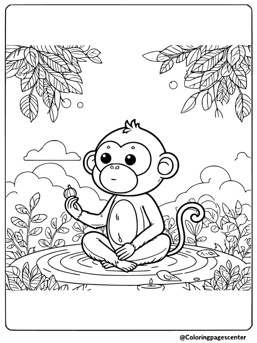 Coloring page of a monkey sitting peacefully by a pond