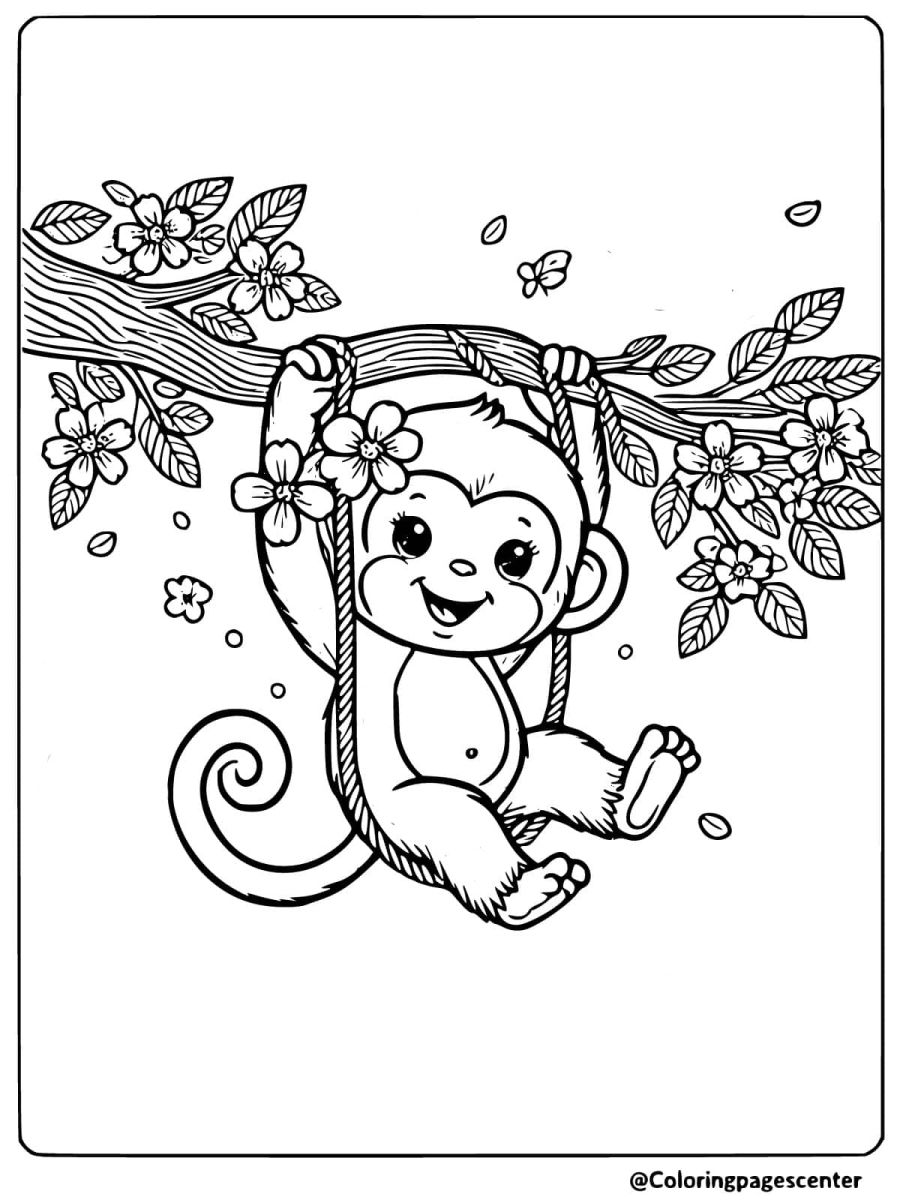 Coloring page of a monkey happily swinging on a branch