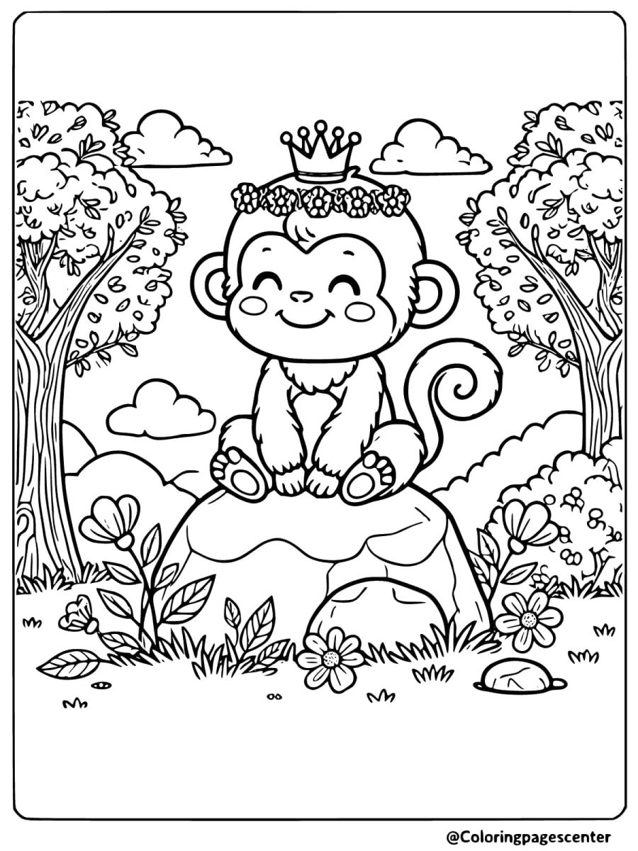 Coloring page of a crowned monkey sitting on a rock