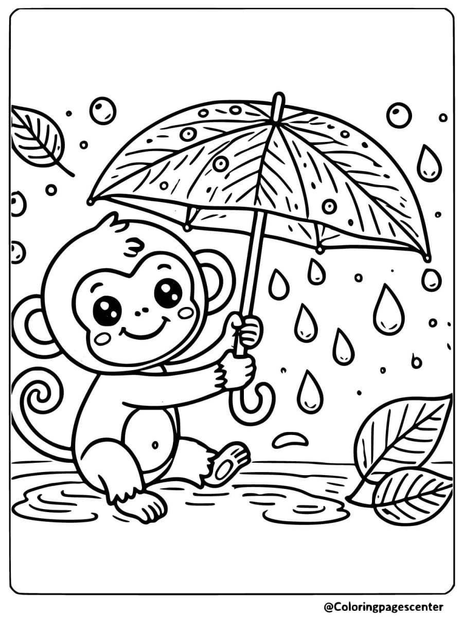 Coloring page of a monkey holding an umbrella in the rain