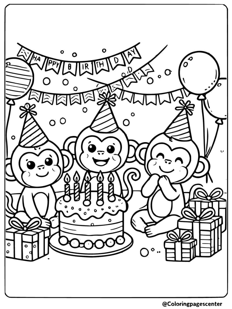 Monkeys with a birthday cake and presents coloring page