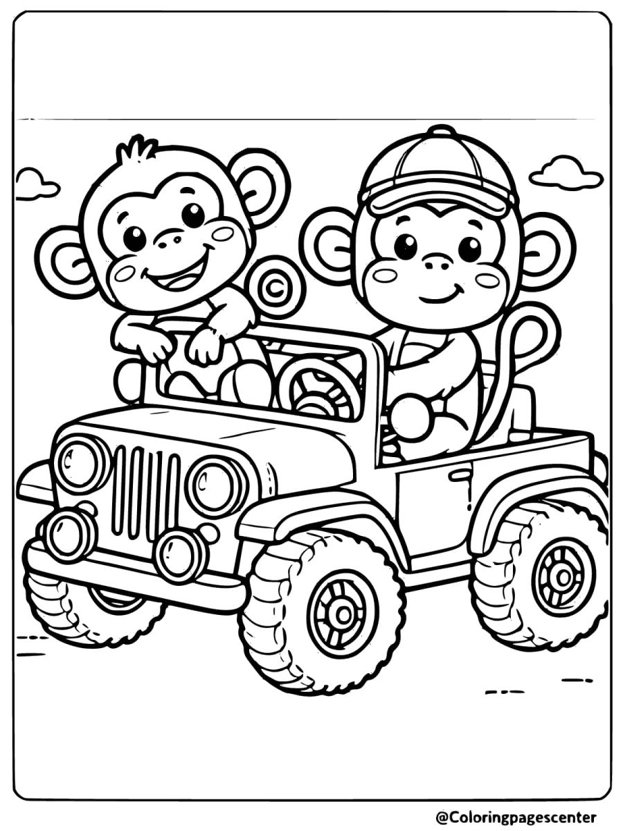 Monkeys exploring in a jeep vehicle coloring page