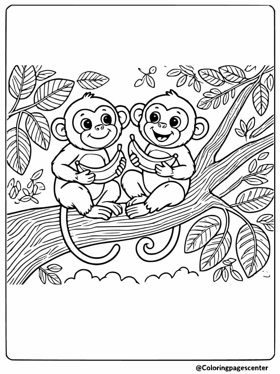 Two happy monkeys enjoying bananas on a tree coloring page