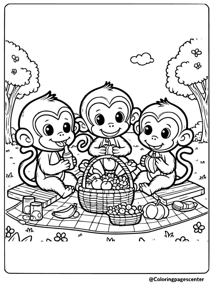 Monkeys enjoying a picnic with fruits in a park coloring page