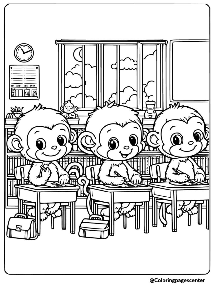 Three monkeys studying at desks in a classroom coloring page