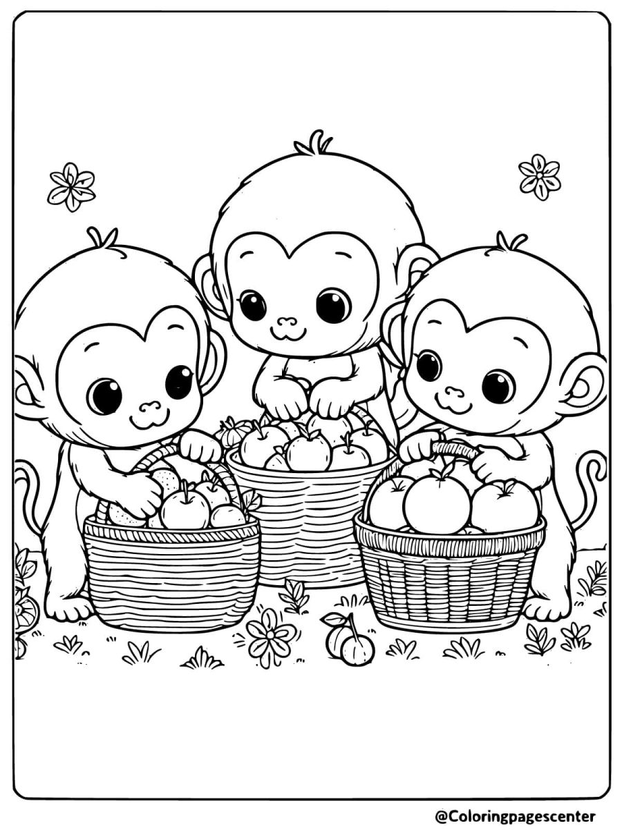 Three cute monkeys gathering apples in baskets coloring page