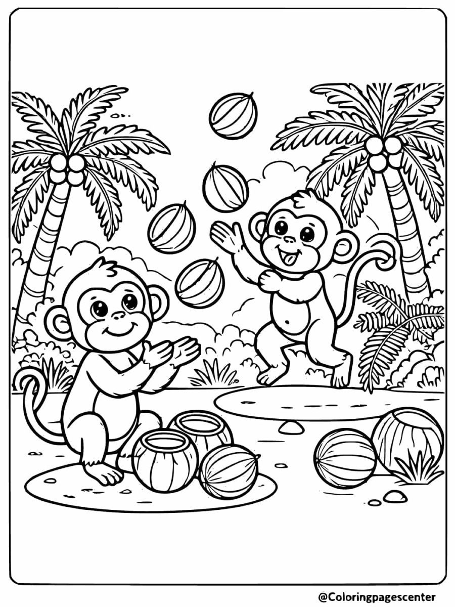 Monkeys juggling coconuts near palm trees coloring page