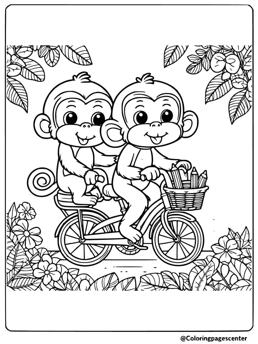 Two playful monkeys on a bicycle ride coloring page