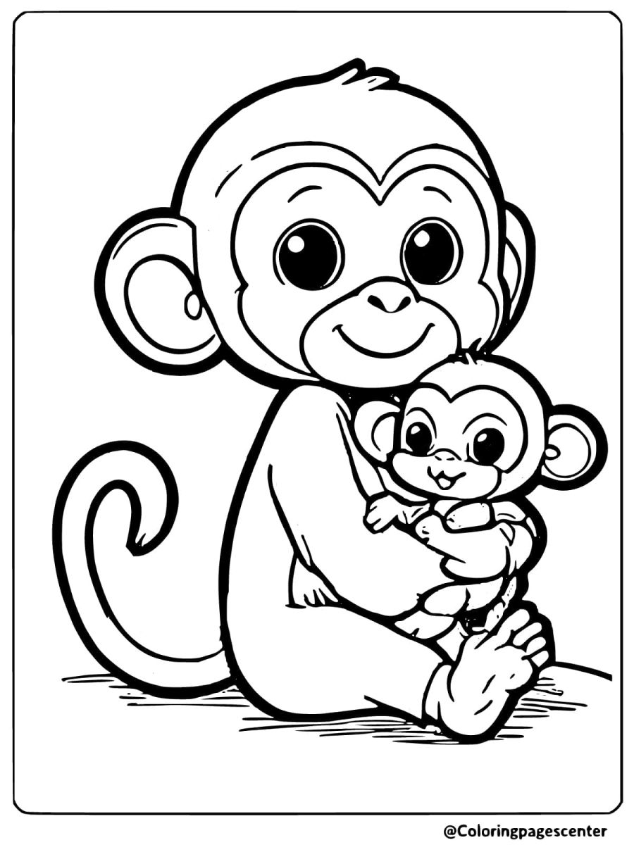 Coloring page of a mother monkey hugging her baby