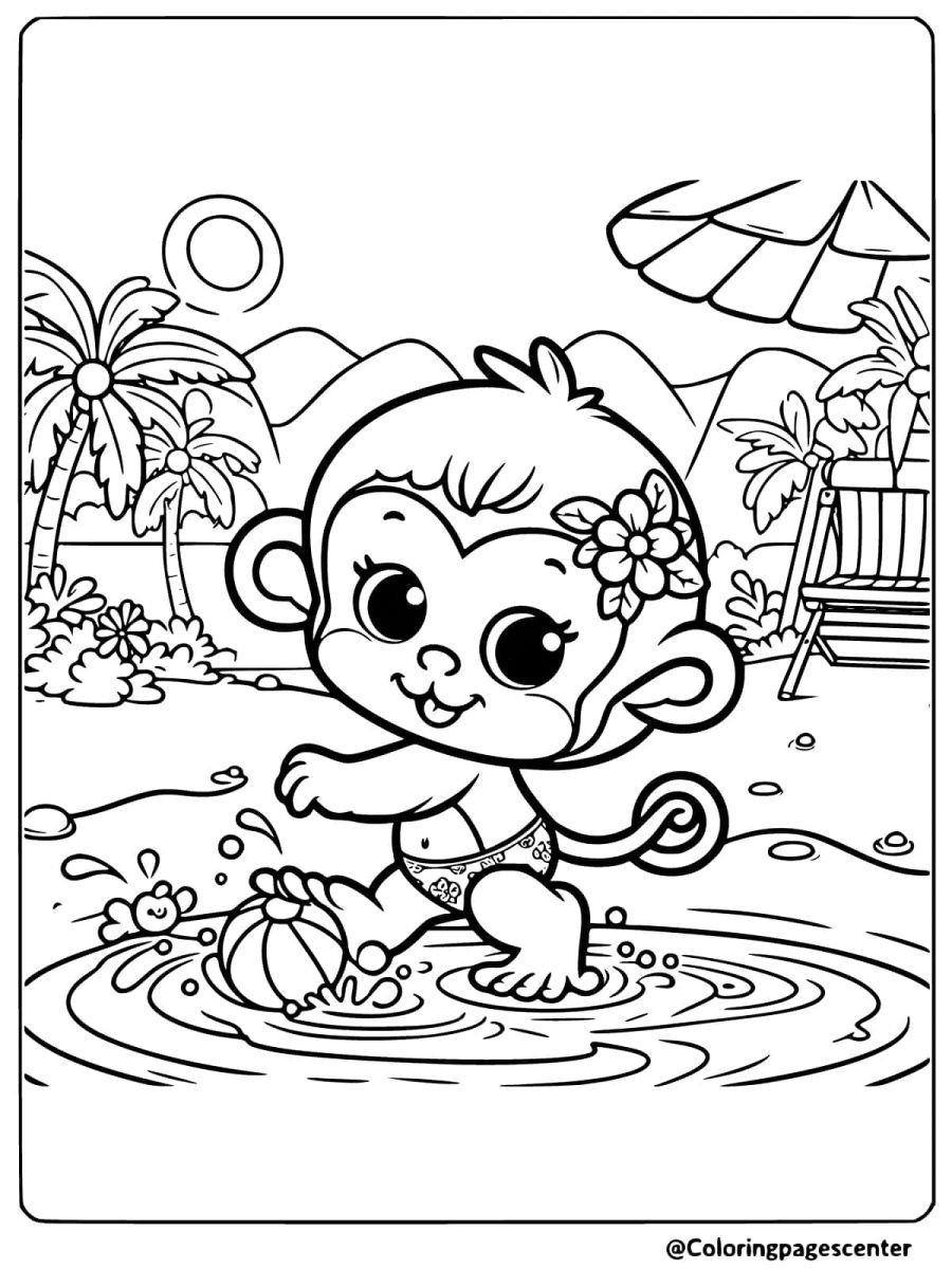 Coloring page of a playful monkey at the beach with a ball