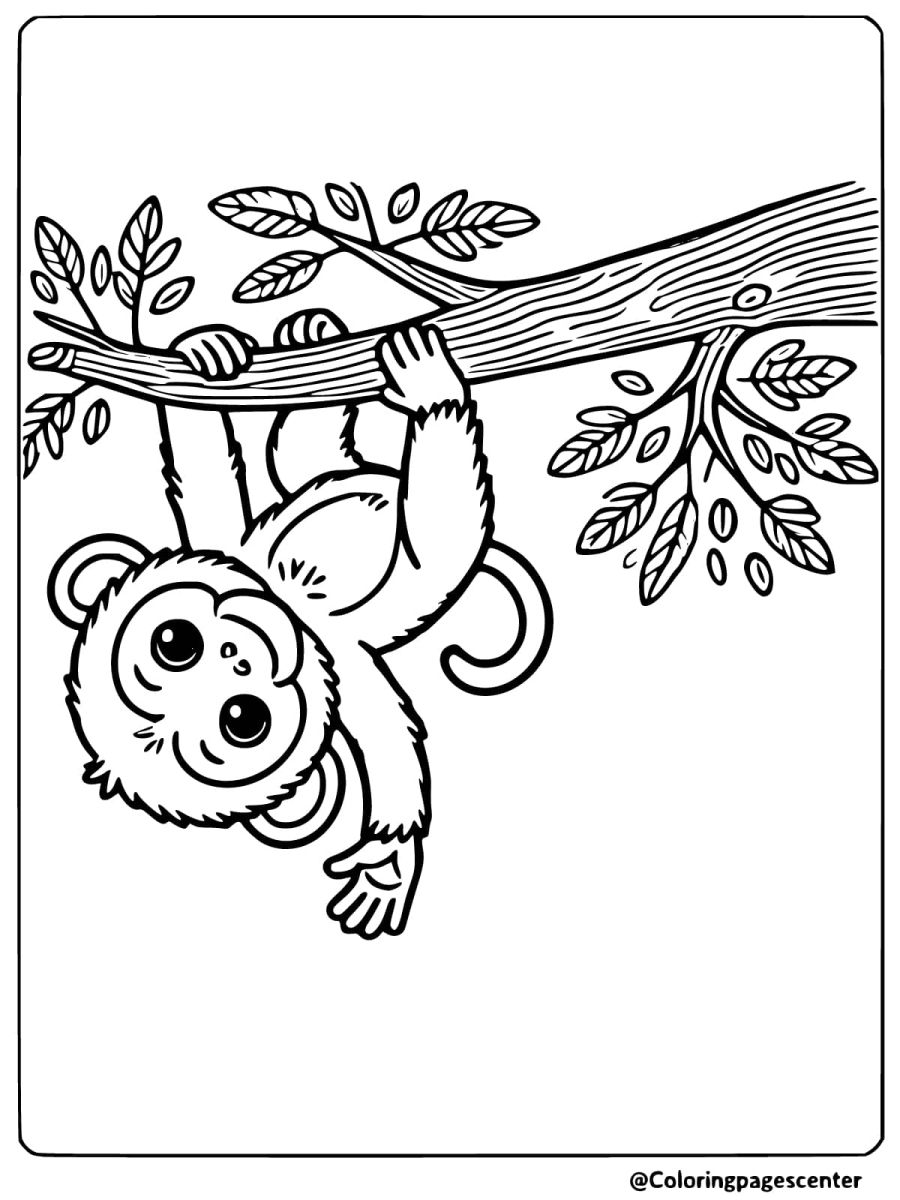 Coloring page of a playful monkey hanging upside down on a branch