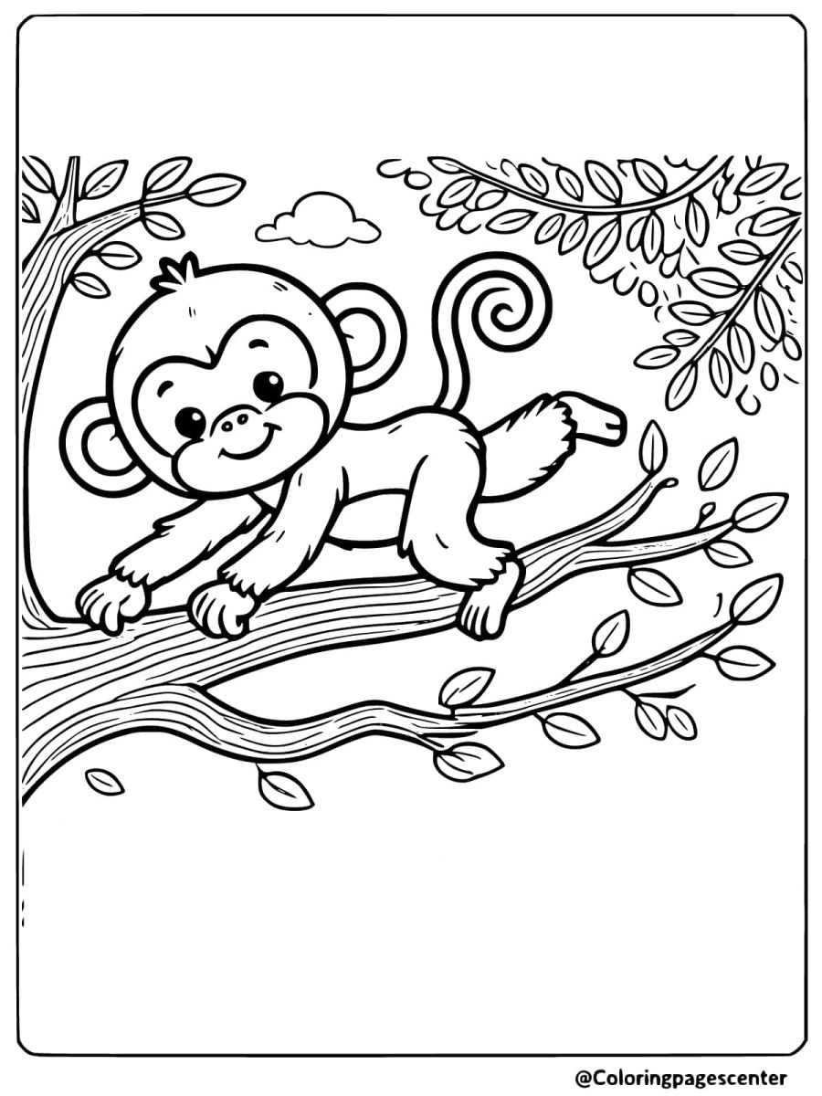 Coloring page of a playful monkey on a tree branch