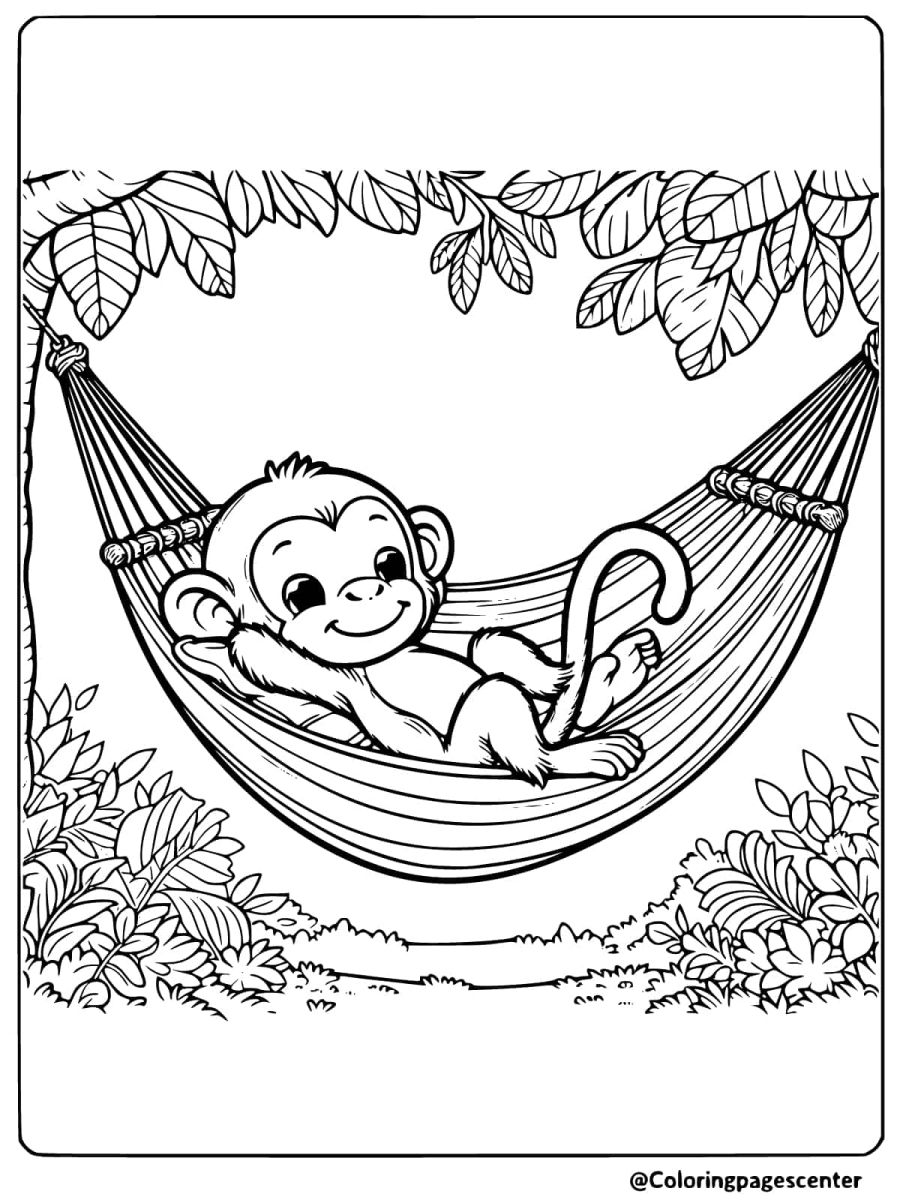 Coloring page of a relaxed monkey lying in a hammock