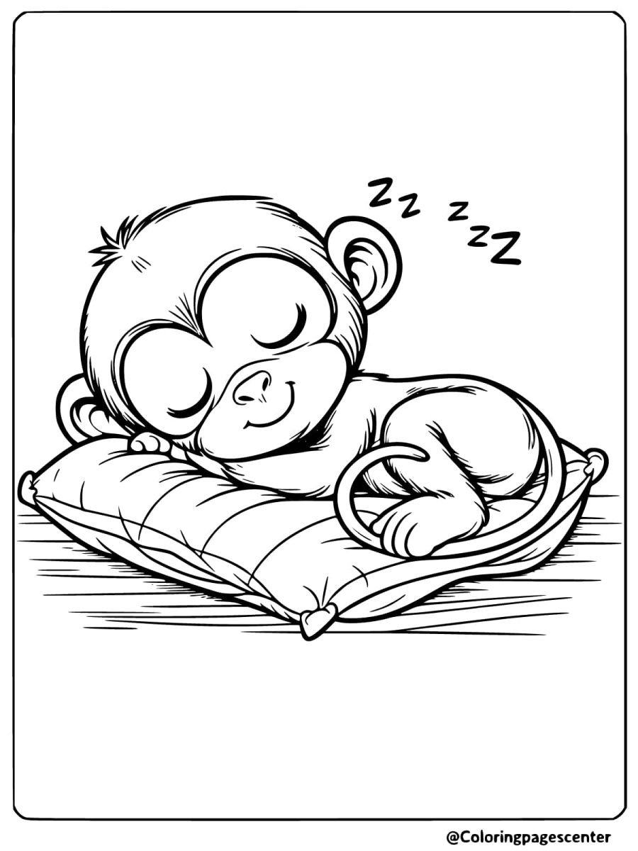 Coloring page of a monkey sleeping on a soft pillow