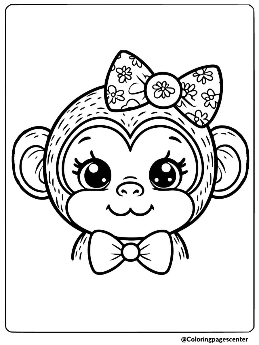 Coloring page of a monkey face with a bow