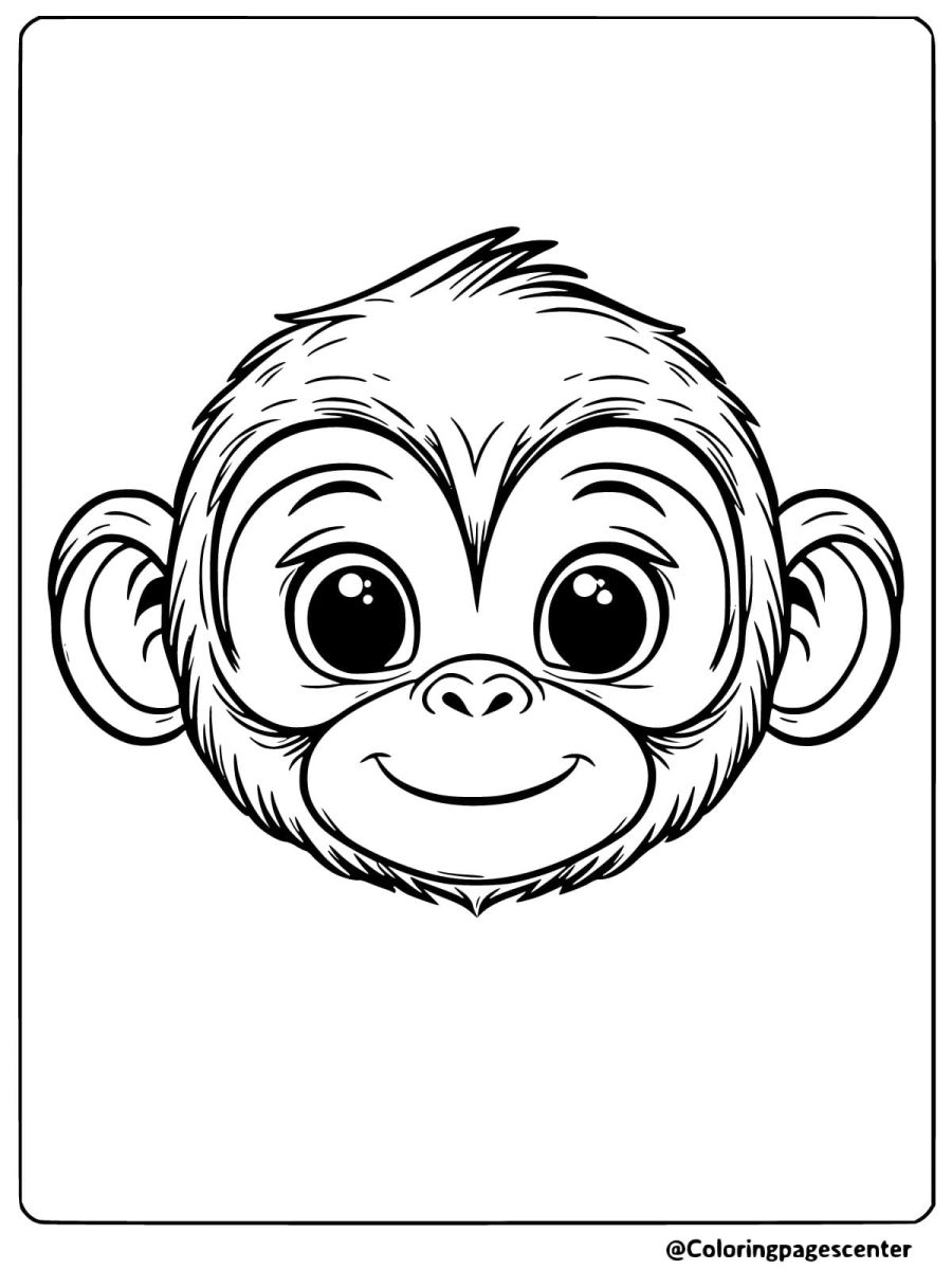 Coloring page of a cute monkey face with big eyes