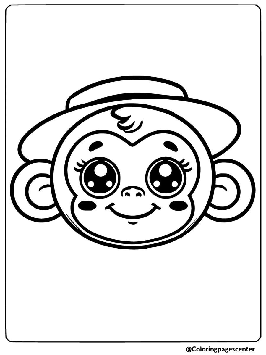 Coloring page of a cute monkey face with a hat