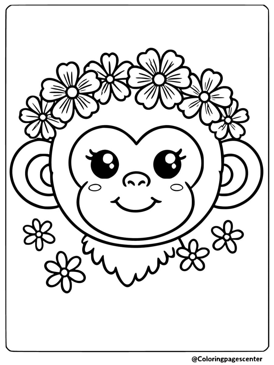 Coloring page of a monkey face with a flower crown