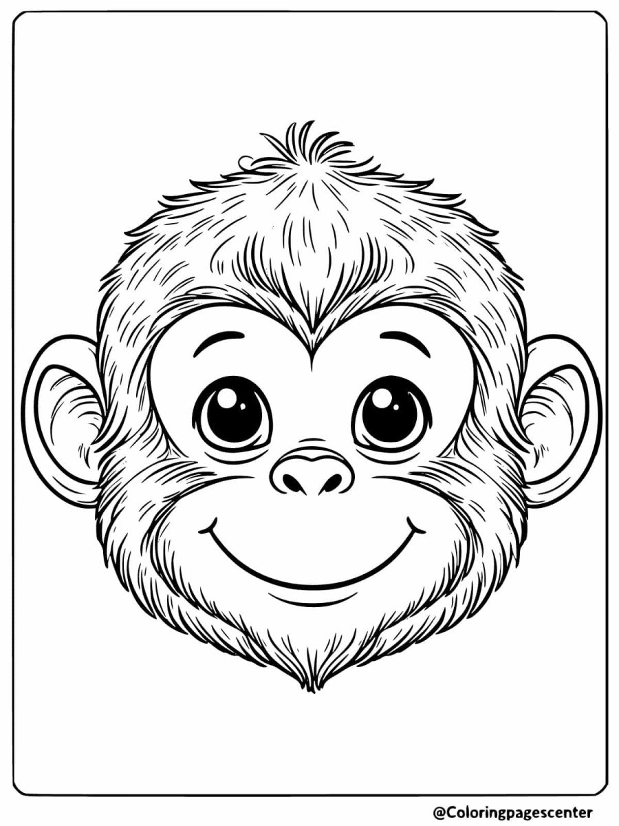 Coloring page of a happy monkey face with a big smile