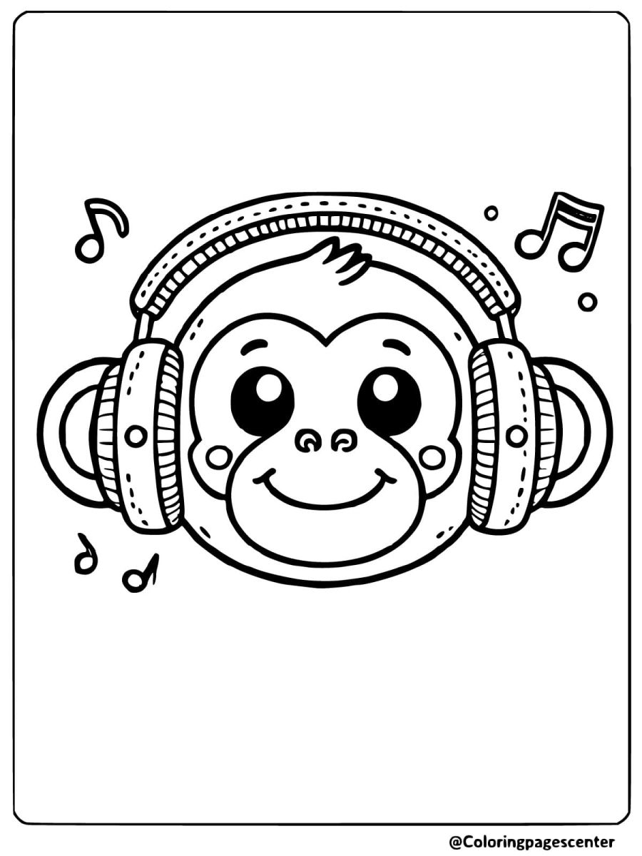 Coloring page of a happy monkey face with music notes