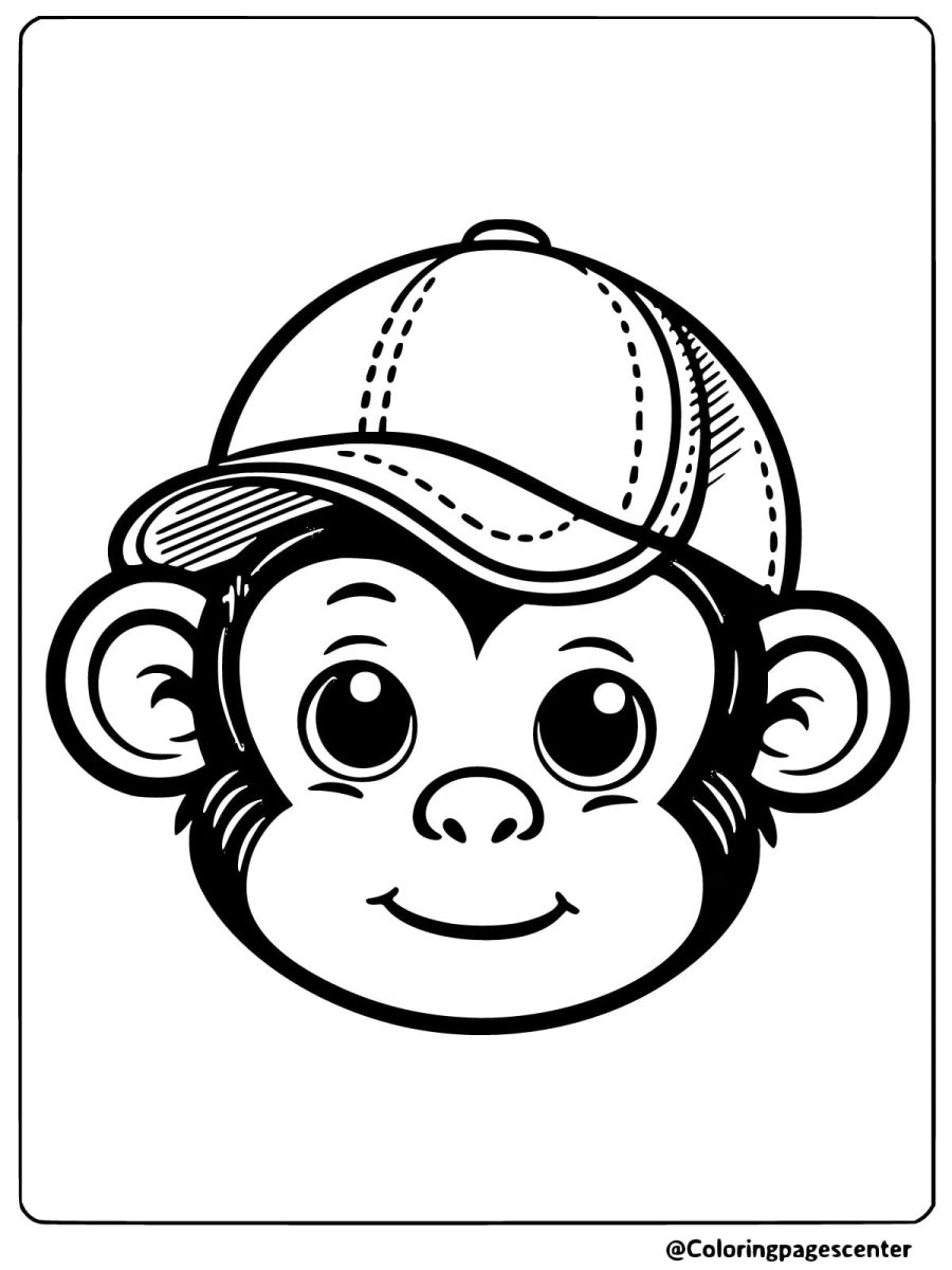 Coloring page of a monkey face with a fun cap