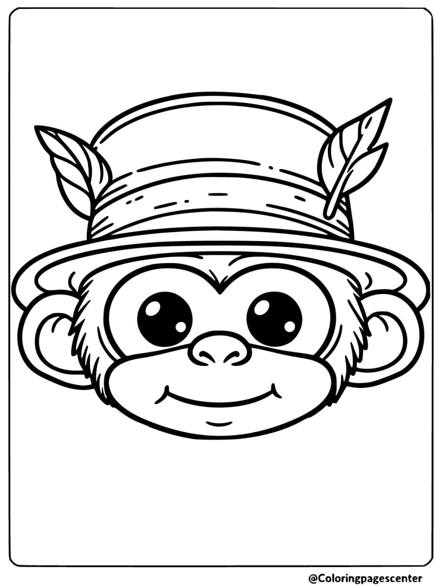 Coloring page of a monkey face with a feather hat