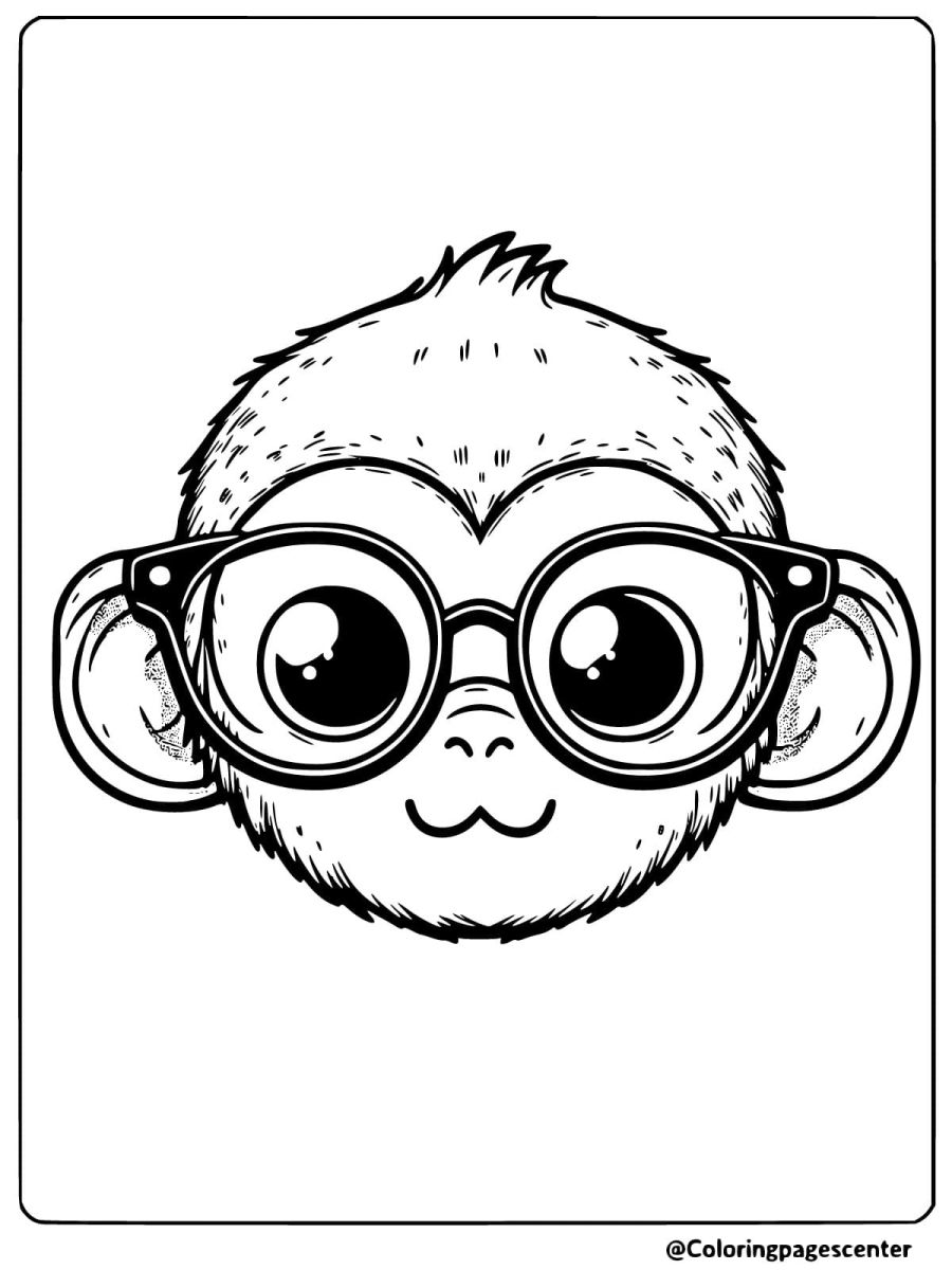 Coloring page of a monkey face with glasses