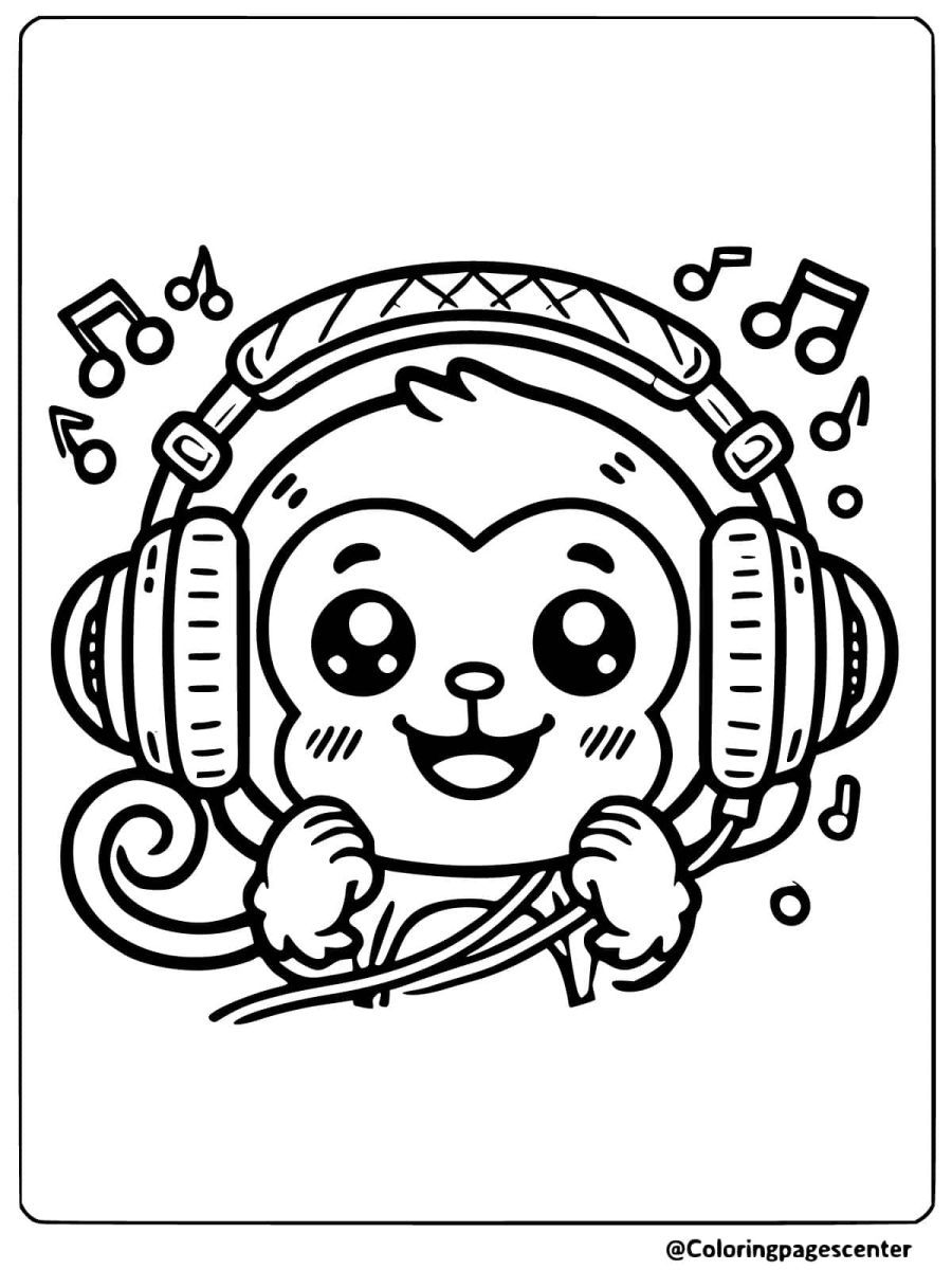 Coloring page of a monkey face with headphones