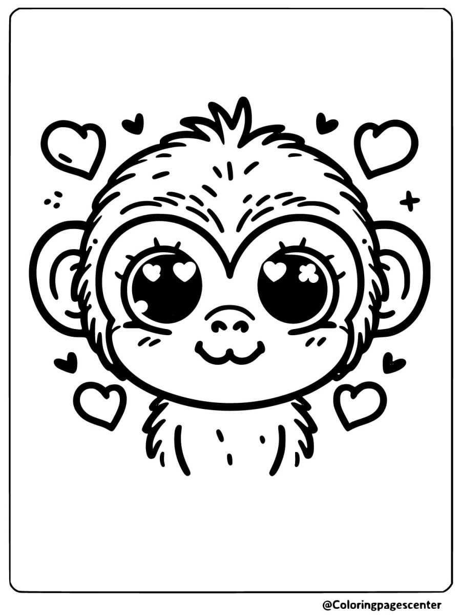 Coloring page of a monkey face with hearts for Valentine's